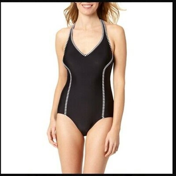 Catalina Women’s Nautical Pin Stripe Black One-Piece Halter Swimsuit Size Small - Picture 1 of 7